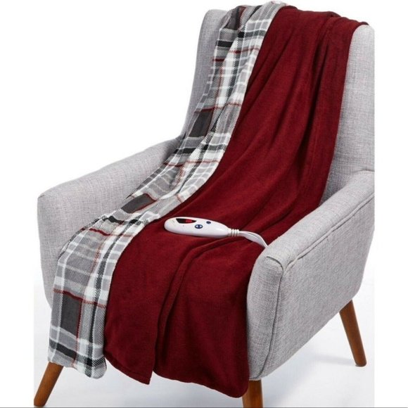 Biddeford Bedding New Biddeford Heated Electric Microplush Reversible Red Gray Plaid Throw